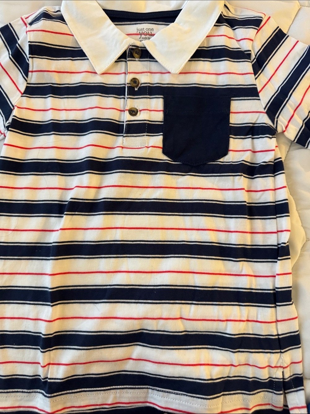 Carter's Navy, White & Red Striped Polo with Chest Pocket